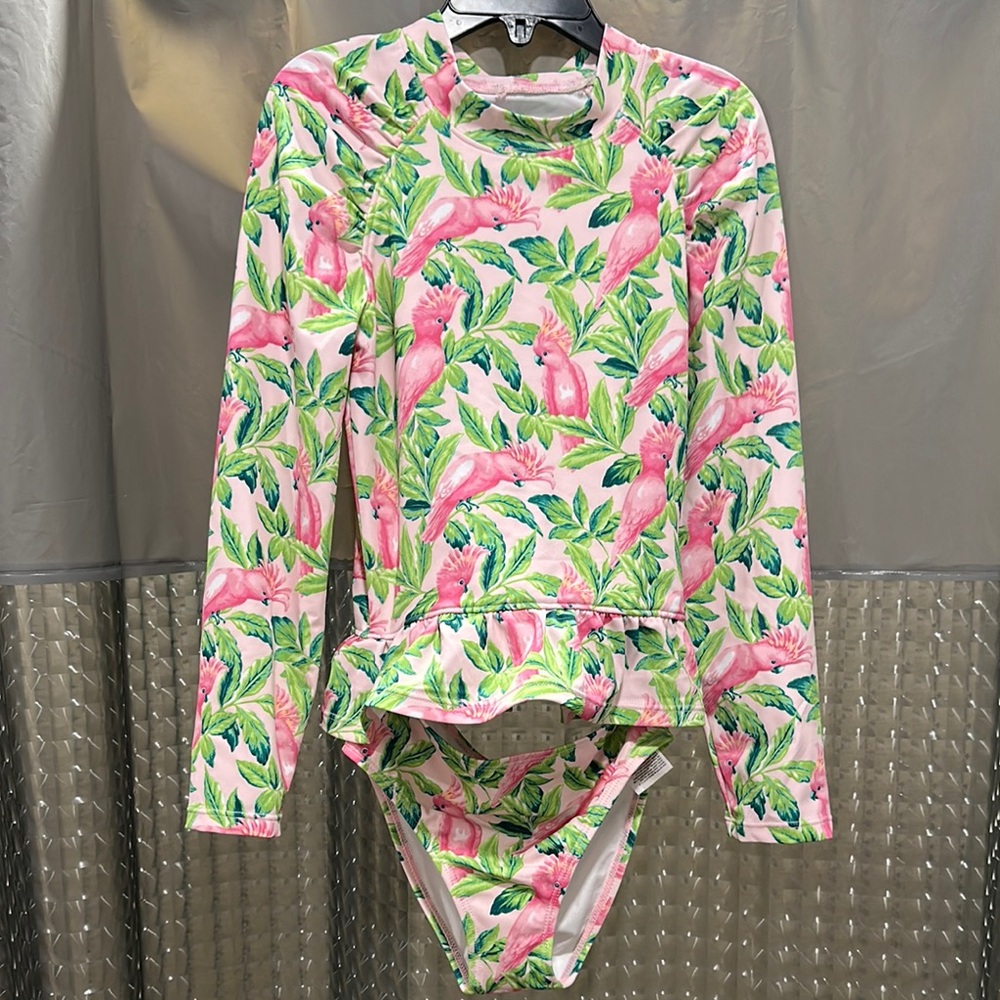 Janie and Jack Pink and Green Rashguard Set Tropical Flamingo